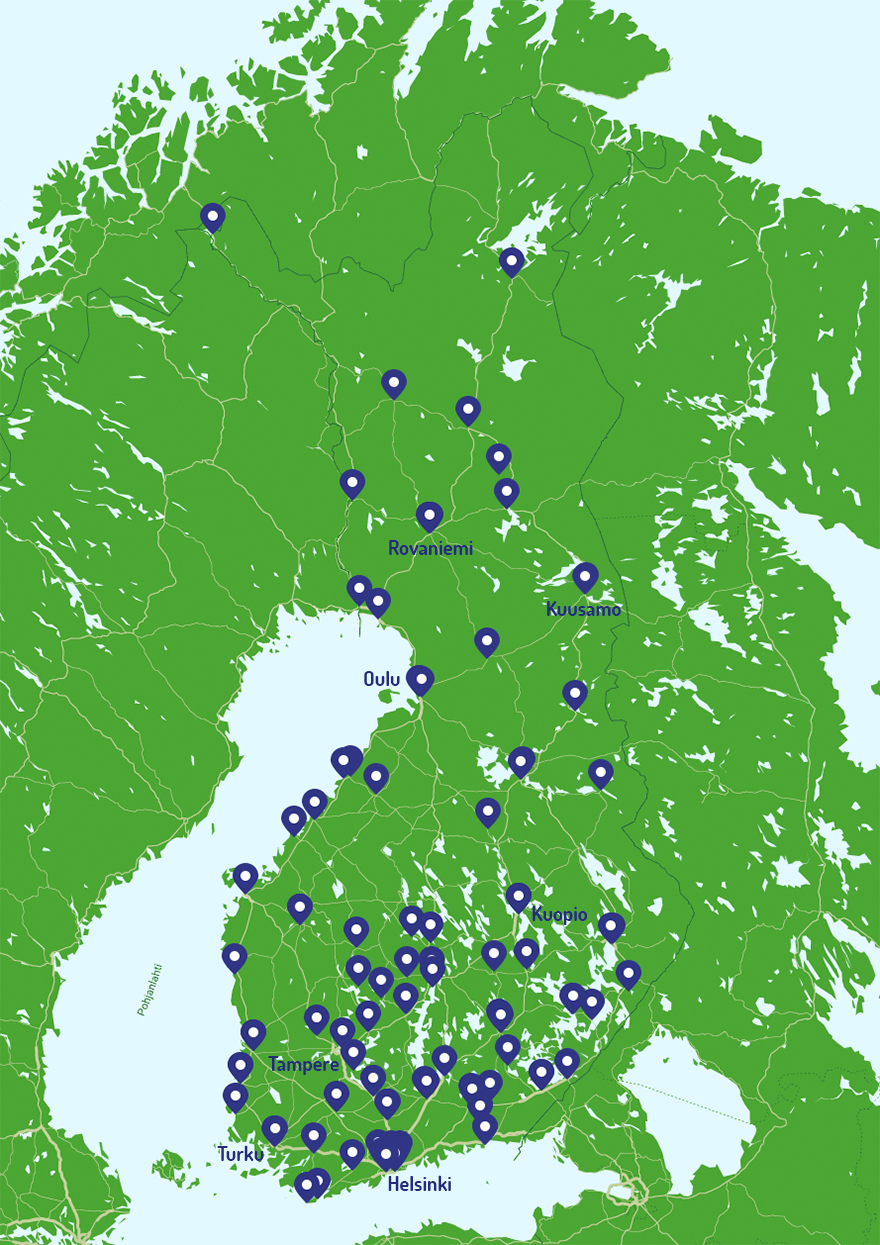 Suomen kartta, Bioaika-rekka pysahtyi merkityilla paikkakunnilla