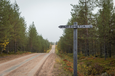 Mottimetsään vievä tie, jossa kyltti ”Mottimetsä”