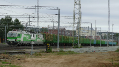 Pitkä puutavarajuna Rovaniemen asemalla.