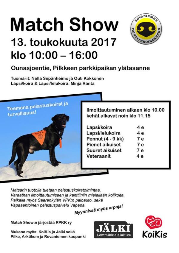 Rovaniemen palveluskoirakerhon match show mainos