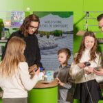 Nainen, mies ja kolme lasta tutkivat erilaista tuotteita ja lukevat näytöltä niiden tuotetietoja.